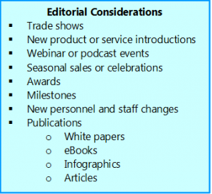 Image is list of goals and events to consider for editorial calendar