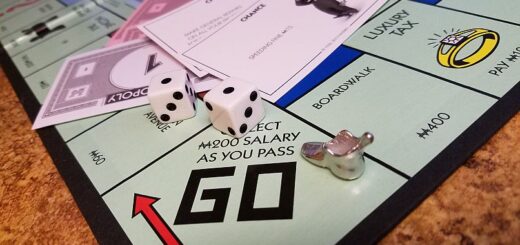 Image of Monopoly game board Go square with shoe piece, dice, money, Chance and Community Chest cards