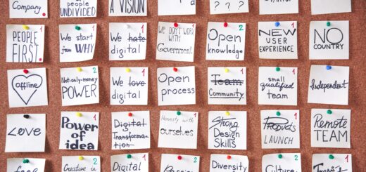 Image of vision board with post-its of words and phrases to describe a company's vision statement.